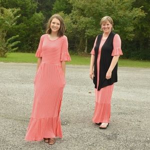 Coral striped ruffle maxi dress